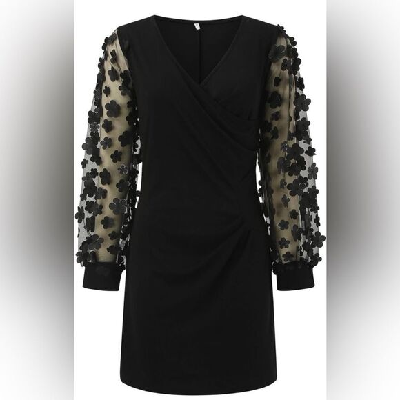 Elegant Black Dress with Floral Sleeves - Picture 2 of 10
